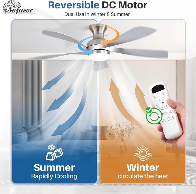 Sofucor 52 Inch Low Profile Ceiling Fan with Light, Flush Mount Outdoor Ceiling Fan with Remote for Bedroom Living Room Patio, Dimmable LED High Airflow Quiet Reversible DC Motor