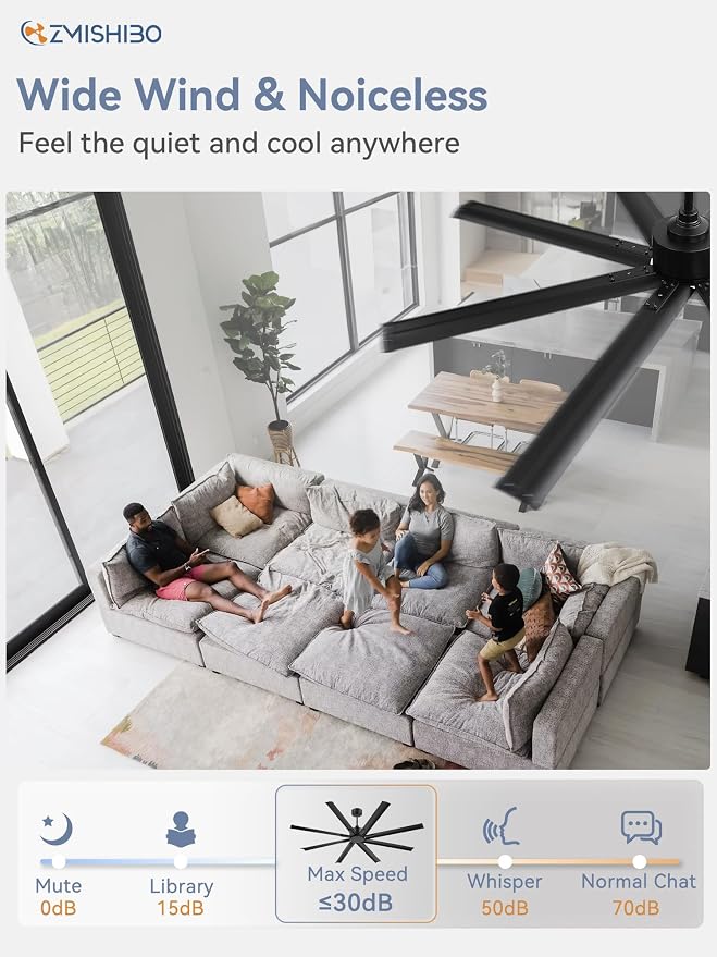 ZMISHIBO 72 Inch No Light, Large Industrial Ceiling Fan with 8 Aluminium Blades, Quiet DC Motor, 6 Speeds, Modern Ceiling Fan without Light for Garage/shop/living room,Black