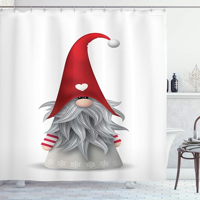 Ambesonne Gnome Shower Curtain, Nordic Tonttu Myth Finnish Creature Nisser Scandinavian Folklore Print, Cloth Fabric Bathroom Decor Set with Hooks, 69" W x 84" L, Ruby Pale Grey