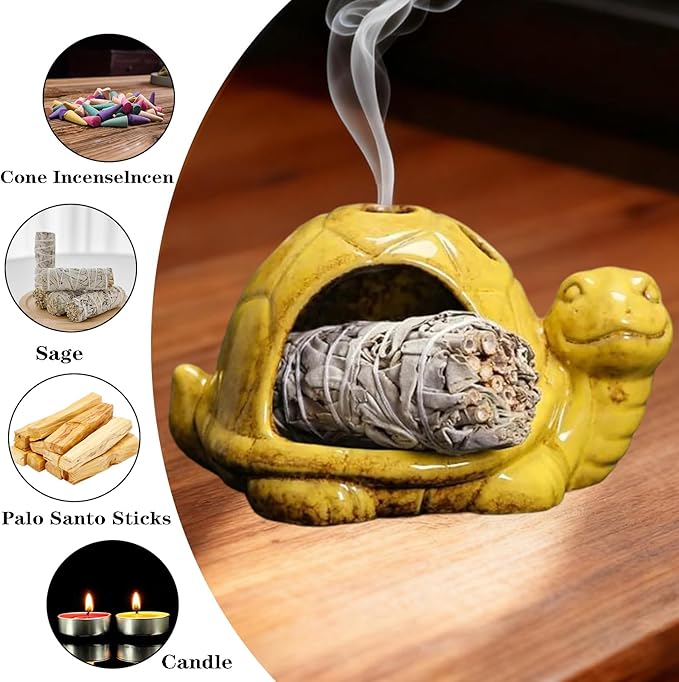 Ceramic Turtle Mini Chiminea- Multifunctional Incense Holder for Sage, Cone Incense, Copal & Small Candle | Aromatherapy Gift for Meditation, Yoga, Zen Spaces | Indoor Use, Hamster Nest Decor (Yellow)