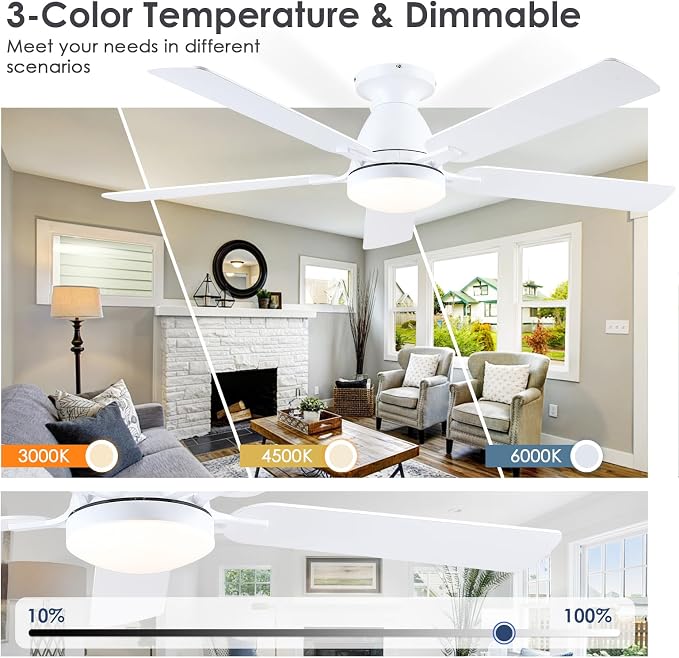 52 Inch Ceiling Fans with Lights and Remote, Flush Mount, White | Low Profile, Dimmable LED, Reversible, Quiet DC Motor, Wooden Blades, for Modern Apartment Bedroom Home Office Living Room