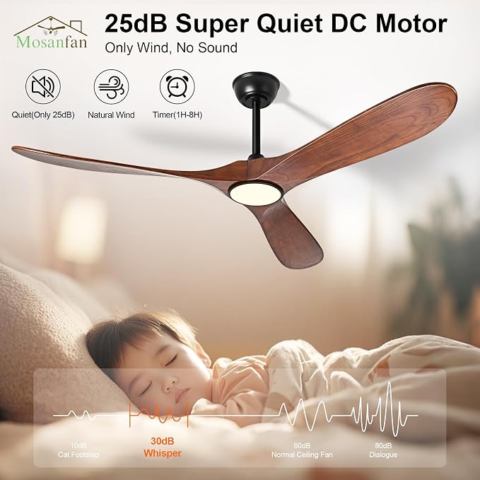 60 Inch Ceiling Fans with Lights and Remote, Wood Outdoor Ceiling Fan with 6 Speed Noiseless DC Motor, Indoor Modern 3 Blade Propeller Ceiling Fan for Bedroom Living Room Gazebo Patio(Walnut)