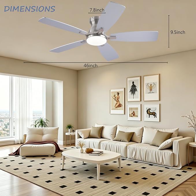 NKPU 46" Ceiling Fans with Lights, Low Profile Ceiling Fan with Light and Remote/APP Control, DC Reversible Motor, 3CCT, Noiseless, Flush Mount Ceiling Fan for Bedroom Indoor/Outdoor Use, Nickel