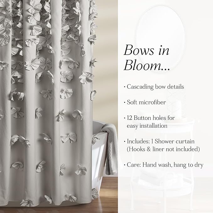 Lush Decor Riley Shower Curtain, 72" W x 72" L, Light Gray - Bathroom Curtain - Coquette Decor - Bow Shower Curtains - Cottage Core - Fabric Shower Curtains