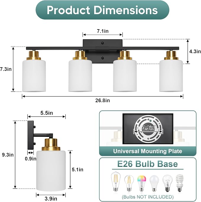 Ascher Bathroom Light Fixtures, 4-Light Vanity Light Over Mirror, Black and Gold Wall Sconces with Milky White Frosted Glass Shades, Wall Lamp for Living Room Bedroom, E26 Base(Bulbs Not Included)