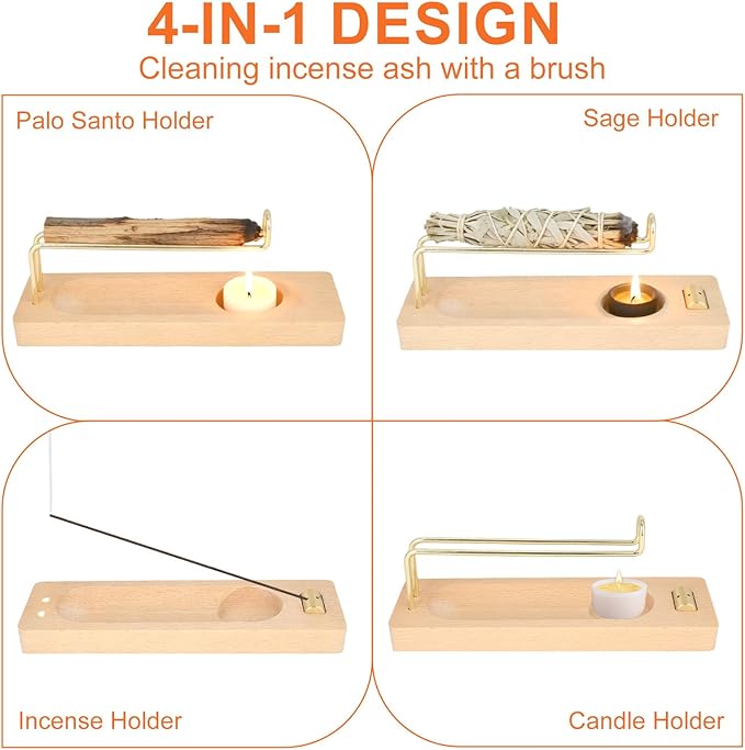 4 in 1 Palo Santo Sage Burner Holder, Wood Incense Sticks & Candle Holder & Brush Sage Burning Stand for Yoga Meditation Spiritual Altar Gift Home Supplies Decor