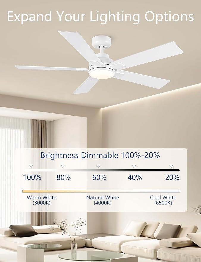 Modern Ceiling Fans with Lights - 52 inch Outdoor White Ceiling Fan with Light and Remote, Reversible DC Motor, 6-Speed Quiet 3CCT LED Dimmable for Bedroom, Indoor and Outdoor, Patios , ETL Listed
