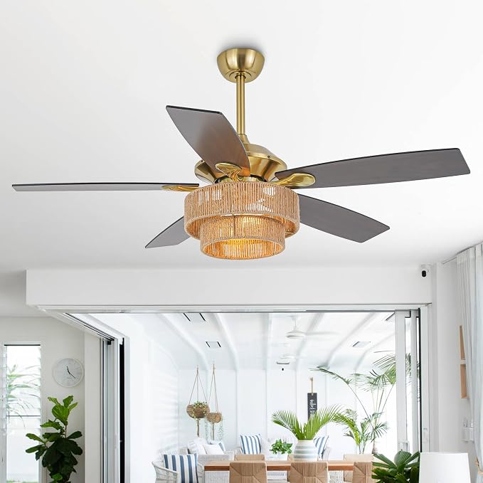 52" Farmhouse Ceiling Fan with Light and Remote Control, Boho Ceiling Fans with 6-Speed Reversible Motor, Timing Function, 5 Dual Finish Blades for Living Room, Bedroom, Patio