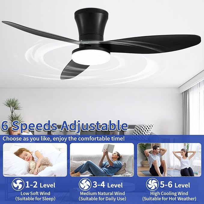 40 inch Ceiling Fan with Lights, Flush Mount with Remote Control | 3 Blades, 6 Speeds, Reversible Quiet DC Motor, Dimmable, 3000-6000K Adjustable, Timer, for Bedroom Dining Room Home Office