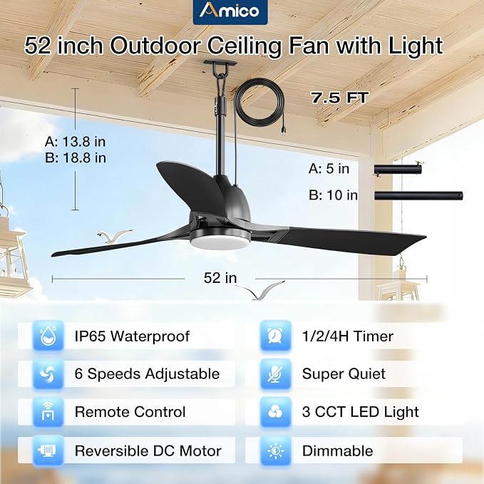 Amico Outdoor Ceiling Fan with Light for Patios, IP65 Waterproof Gazebo Fan Remote Control,3CCT, 6 Speeds, Hook Hanging Plug in Ceiling Fan for Patio Porch Pergola Garage Canopy (52 Inch)