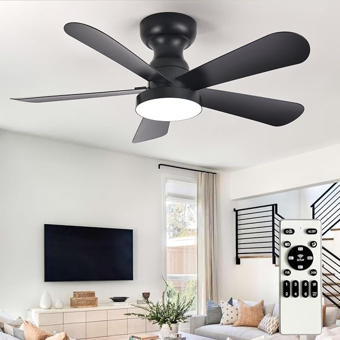 Depuley Black Ceiling Fan with Lights: 35-Inch Flush Mount Fan with Light and Remote - Low Profile Ceiling Fans Reversible Quiet DC Motor for Bedroom Living Room Indoor Outdoor