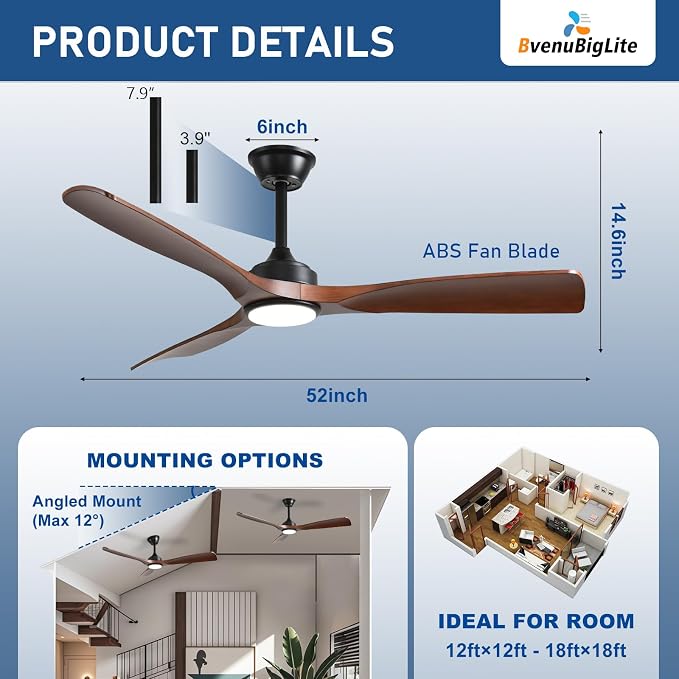 Outdoor Ceiling Fan with Light: 52 Inch 3 Blade Outdoor Fans for Patios - Modern Walnut Ceiling Fan with Dimmable Light Remote Control Ultra Quiet Reversible DC Motor Timer