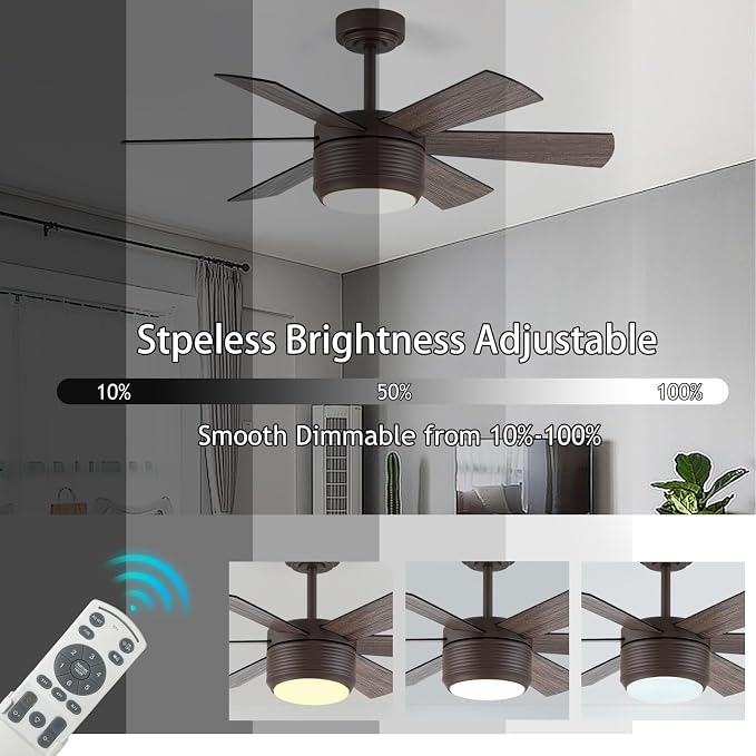 SHOWDI Brown Ceiling Fans with Lights and Remote, Quick Installation, 42 in | 2 Blade Color, Metal Material, App Remote Control, Timer, Reversible, 3CCT, Dimmable for Bedroom, Living room, Indoor