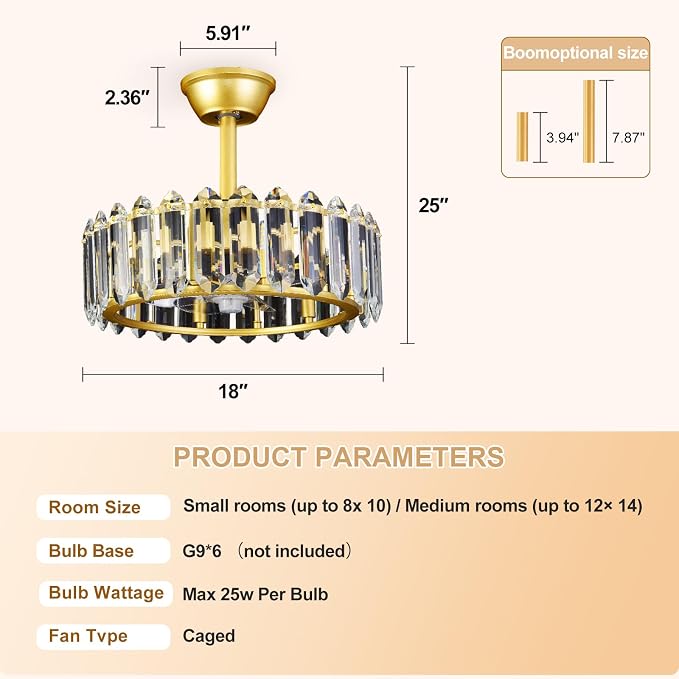 Depuley Bedroom Ceiling Fan with Lights: 18" Gold Chandelier Small Fan with Remote Control - Modern Crystal Fandelier for Girl's Bedroom Living Room Nursery (G9 Bulbs Not Included)