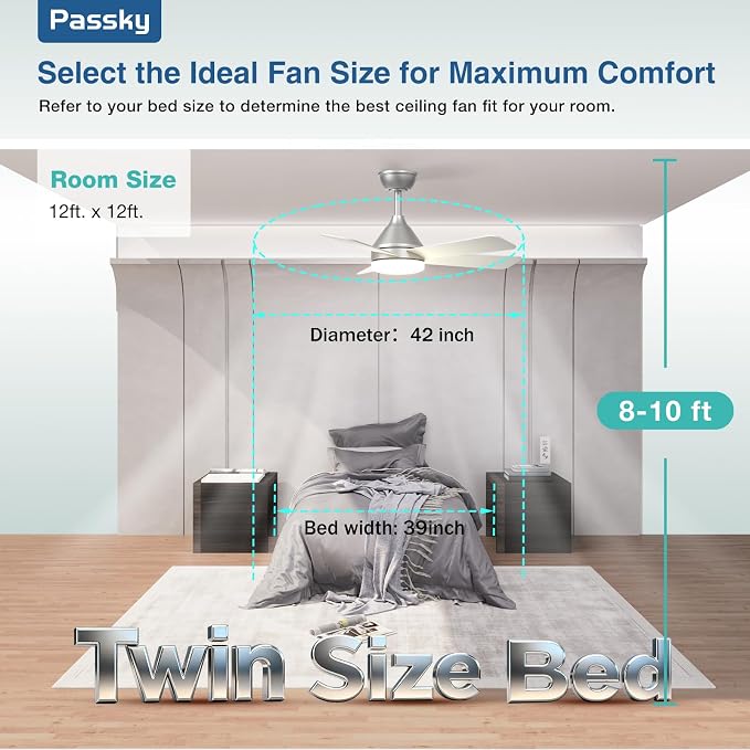 Passky Ceiling Fans with Lights, 42 inch Sleek Ceiling Fan with Light and Remote Control, 3CCT, Dimmable, Reversible, Noiseless, Silver Ceiling Fan for Bedroom, Living Room