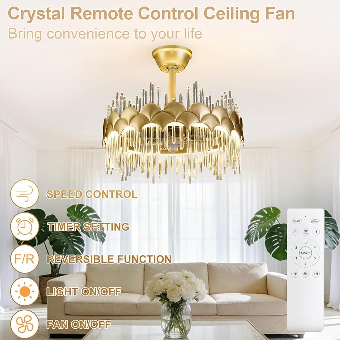 Depuley Bedroom Ceiling Fan with Lights: 20" Gold Chandelier Cagd Fan with Remote Control - Modern Crystal Fandelier for Girl's Bedroom Living Room Nursery