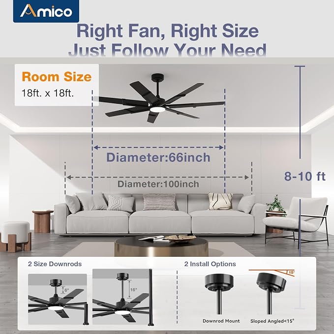 Amico Ceiling Fans with Lights,66 inch Black Ceiling fan with Light and Remote, 6 Speed Reversible DC Motor, 3CCT, Dimmable, Quiet, Timer, Large Modern Ceiling Fan for Living room, Indoor/Outdoor