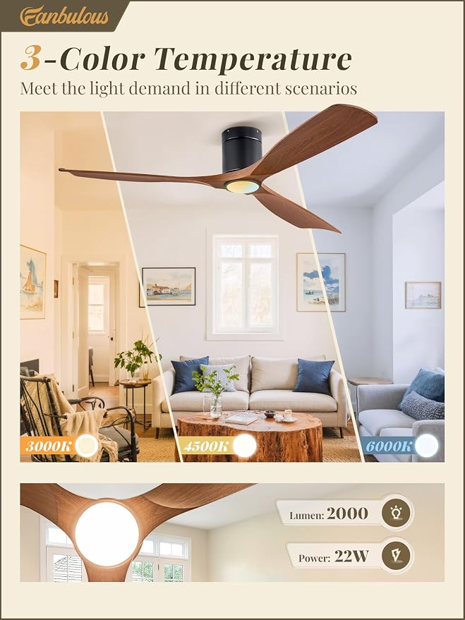 Fanbulous 60" Ceiling Fans with Lights and Remote Control,Modern Flush Mount Ceiling Fan with 3 LED Colors,Outdoor Low Profile Ceiling Fans with 6-Speeds Timer DC Motor for Bedroom Living Room Patio
