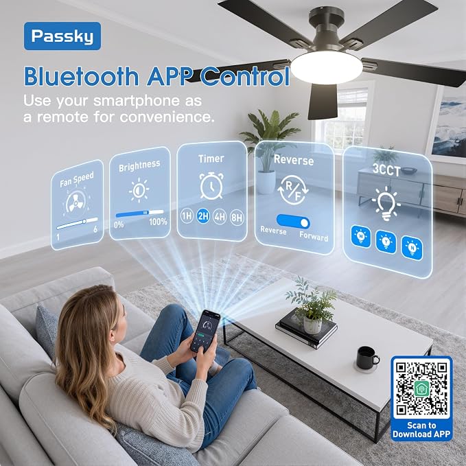 Passky Ceiling Fans with Lights, 52 inch Flush Mount Ceiling fan with Remote Control, Low Profile Ceiling Fan for Bedroom, Farmhouse, Reversible, 3CCT, Dimmable, Noiseless DC Motor, Black