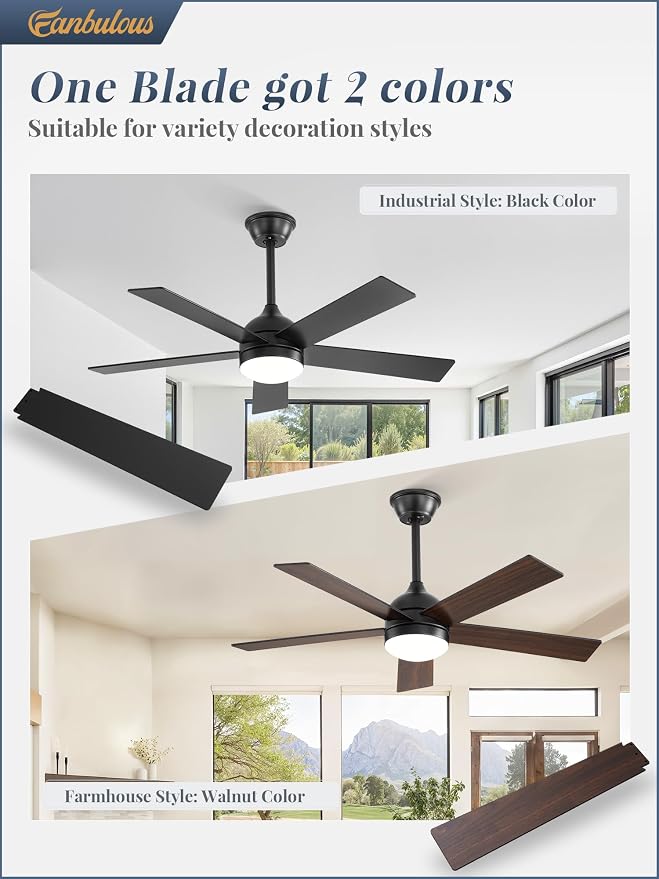 Fanbulous 42 Inch Ceiling Fan with Light and Remote, Black Ceiling Fans with Light, 5 Dual-Color Blades, Reversible Quiet DC Motor, 6 Speeds, 3CCT Adjustable LED for Bedroom Living Room Kitchen Patio