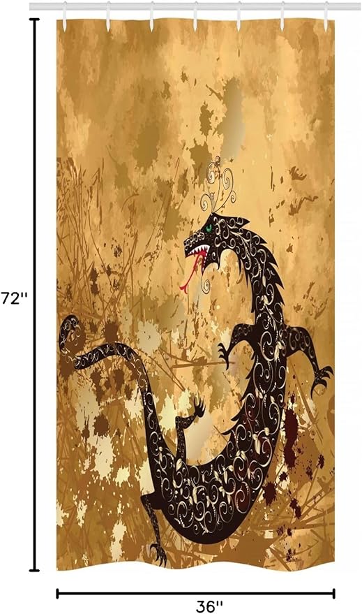 Ambesonne Dragon Stall Shower Curtain, Reptile Dragon Grunge Floral Ornate Retro Image, Fabric Bathroom Decor Set with Hooks, 36" W x 72" L, Pale Caramel Sand Brown