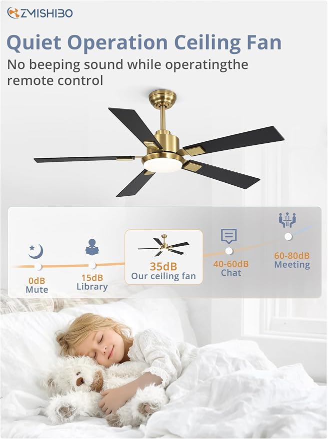 ZMISHIBO 52 inch Black and Gold Ceiling Fans with Lights and Remote, Indoor/Outdoor Modern Ceiling Fan for Bedroom Living Room Patio, 6 Speed Reversible Quiet DC Motor, 3 CCT, Dual Finish Blades