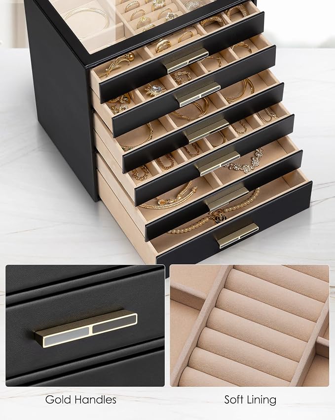 VLANDO 6 Layer Jewelry Box for Women, Glass Lid Jewelry Organizer with 6 Drawers for Necklaces Rings Earrings Bracelets - Black