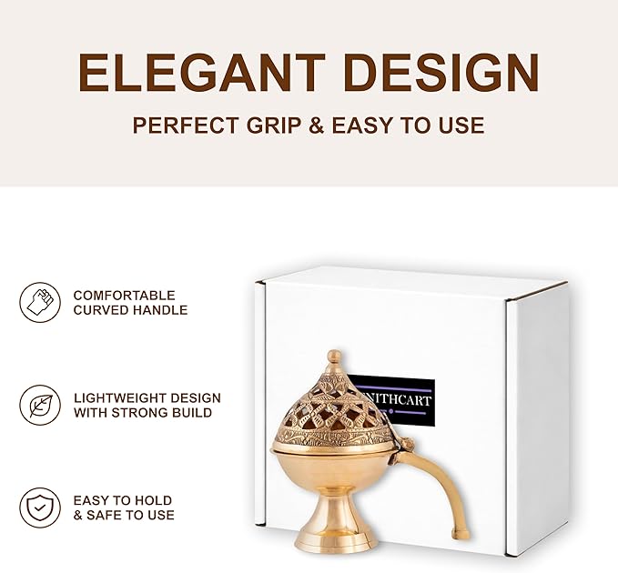 Pure Brass Loban Burner/Dhoop Dani | Round Dhuna Incense Burner for Loban & Dhoop | Traditional Tabletop Brass Dhooni for Home Purification | Small Size