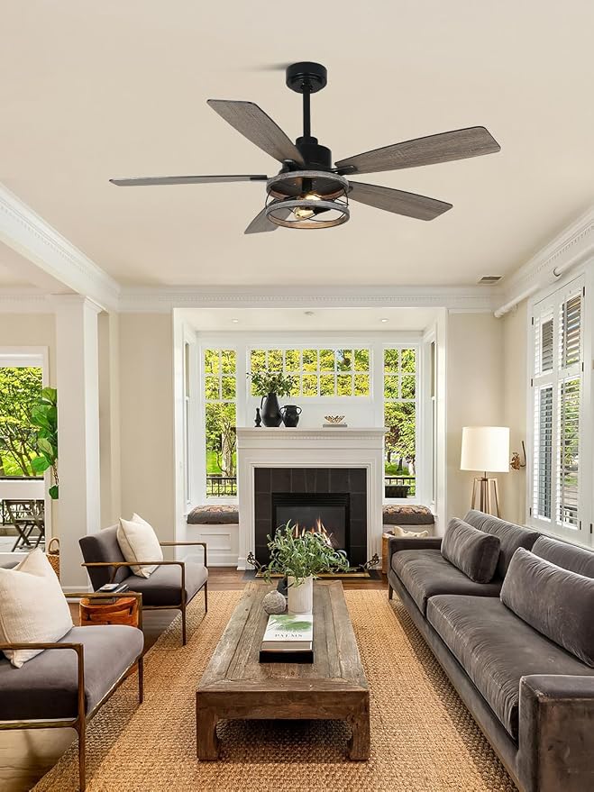 52 Inch Farmhouse Ceiling Fan with Light and Remote Rustic Ceiling Fan Quiet and Reversible DC Motor Industrial Drum Chandelier Fan for Living Room Bedroom Patio