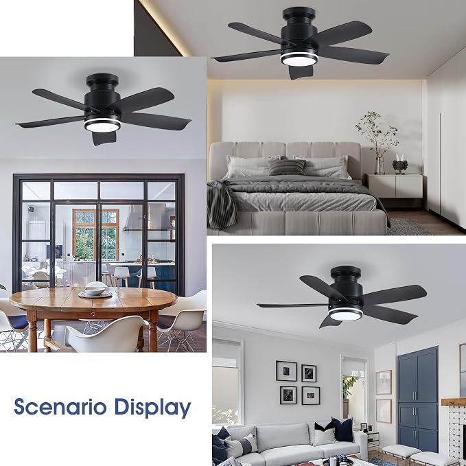 Wiviniya Ceiling Fans with Lights and Remote Control, 41 inch Low Profile Flush Mount Ceiling Fan, 3 CCT LED Dimmable Lights 5 Reversible Plastic Blades 6 Speeds for Bedroom Living Room, Black