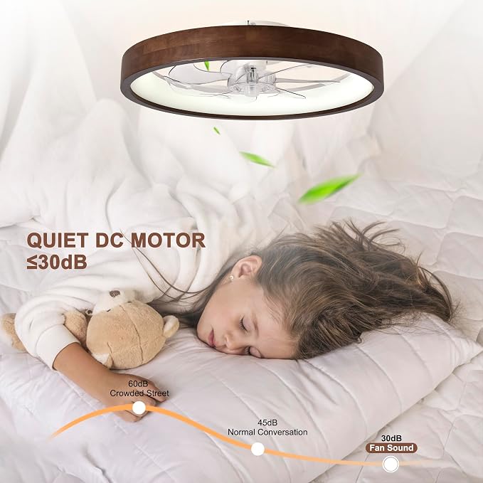 24” Low Profile Ceiling Fan with Light and Remote & APP Control | Dimmable LED,6 Speed,Reversible DC Motor,Solid Wood Frame Flush Mount Ceiling Fan with Light for Bedroom/Kidsroom/Dinng Room