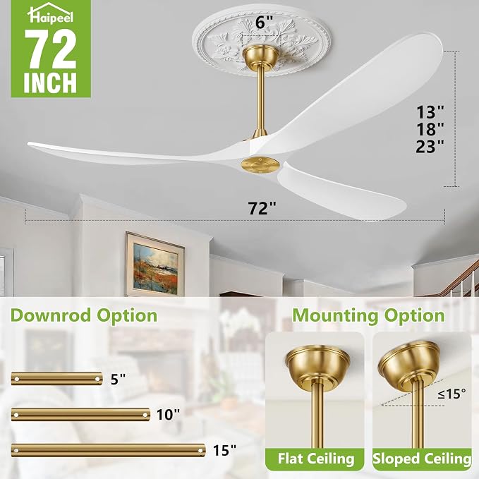 Haipeel 72 Inch Ceiling Fans without Lights, Wood Large Ceiling Fan no Light and Remote Control, Modern Indoor Outdoor Ceiling Fan no Light 3 Blade Propeller for Patios Garage High cfm, White Gold