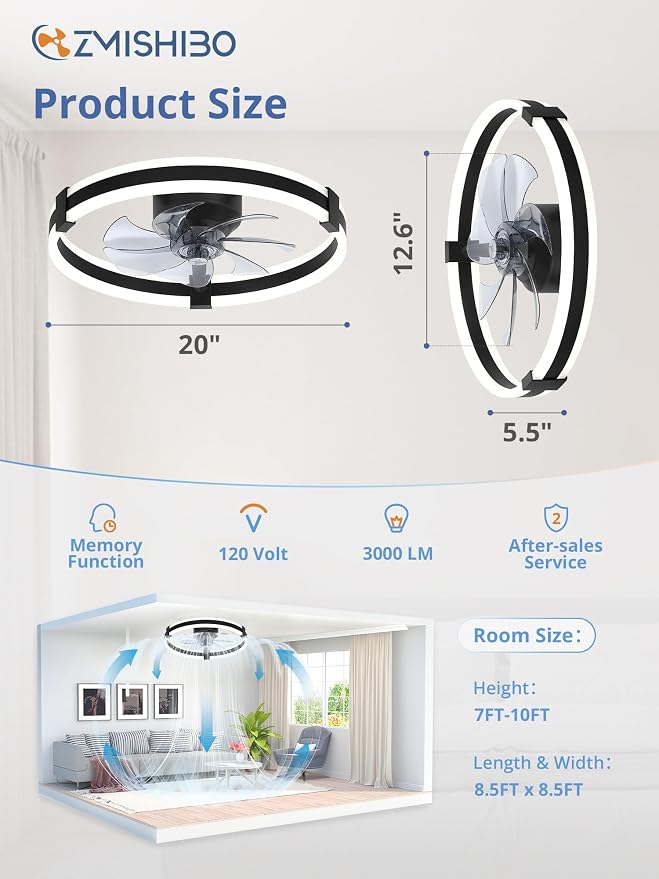 ZMISHIBO Ceiling Fans with Lights and Remote, 20 inch Low Profile Ceiling Fan with Light, 3000K-6000K Dimmable & 6 Wind Speeds, Modern Fandelier Flush Mount Ceiling Fan, Small LED Fan for Bedroom