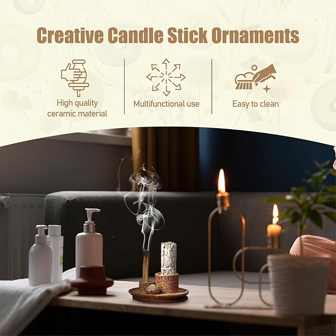 4 in 1 Ceramic Incense Burner, Sage Holder for Burning Bowl, Palo Santo Holder, Incense Holder for Sticks, Smudge Stick Holder(Brown)