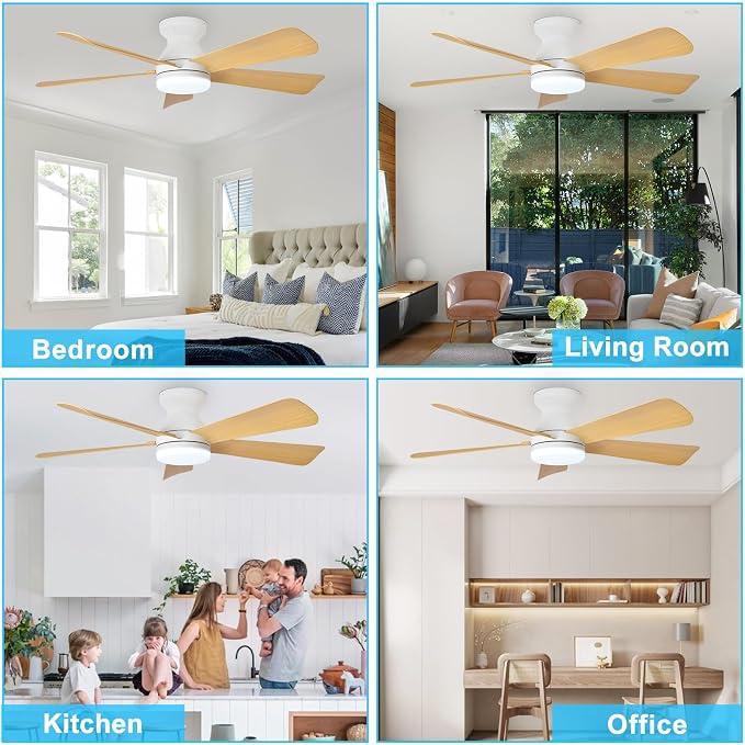 Depuley Modern Ceiling Fan with Light: 42-Inch White Small Fans for Bedroom Indoor Outdoor - Dimmable Low Profile Ceiling Fans with Remote Control Flush Mount 5 Reversible Wood Blades 6 Speeds Timer