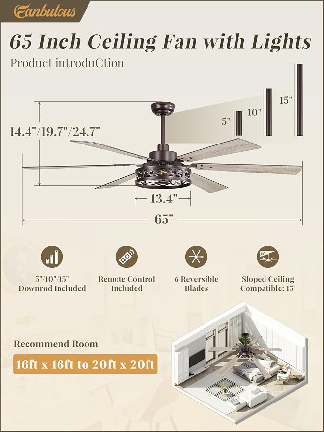 Fanbulous 65 Inch Ceiling Fan with Lights, Farmhouse Caged Ceiling Fans with Remote,Oil Bronze Industrial Ceiling Fans with Quiet Reversible DC Motor, Large Ceiling Fan for Living Room, Bedroom