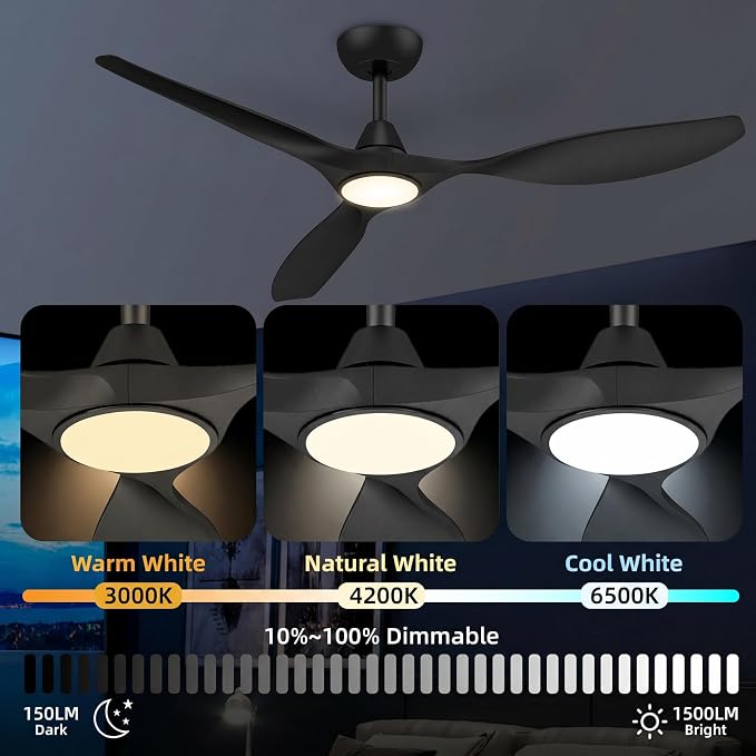 Roomratv Ceiling Fans with Lights, 52 Inch BLack Ceiling Fan, Remote Control,Quiet Reversible DC Motor,Dimmable,6 Speeds,Easy to Install,Modern Ceiling Fans for Bedroom,Living Room,Indoor,Outdoor