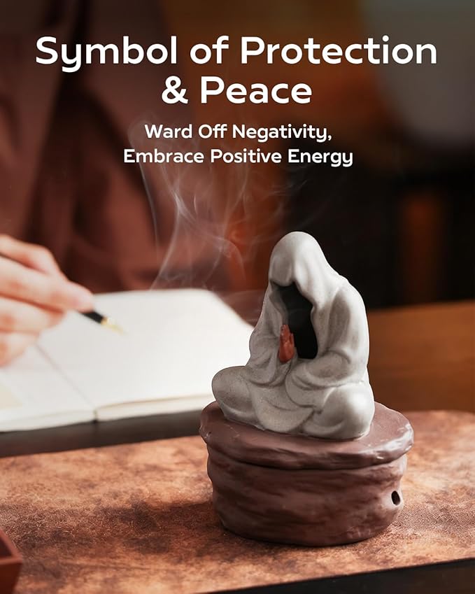 Ceramic Incense Burner for Cone & Coil – Faceless Buddha Statue for Protection & Zen Meditation, Home Decor to Ward Off Negativity, Grey