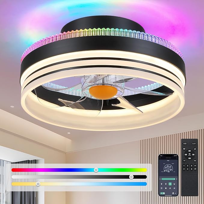 Mpayel RGB Ceiling Fans with Lights, 13" Low Profile Ceiling Fan with Light and Remote, 3000-6000K Dimmable Modern Black Flush Mount LED Fan Light for Bedroom, Living Room, Kitchen