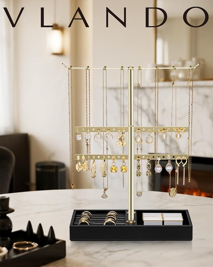 VLANDO 2 Tier Jewelry Stand Organizer with Tary, Leather Jewelry Holder Display for Women, Gold Jewlery Holder Stand for Necklace, Earring, Bracelet, Rings - Black