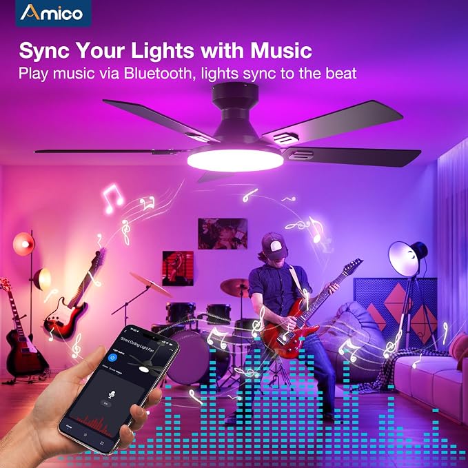 Amico Ceiling Fans with Lights, 52'' Smart RGB Ceiling Fan with Remote/APP/Alexa Control, Flush Mount, Reversible DC Motor, 5 Blades, 6 Speeds, 3CCT, Dimmable, Noiseless, Bedroom, Living Room, Black