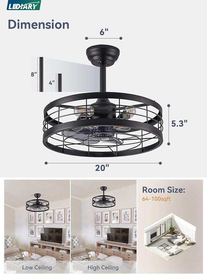 LEDIARY 20 inch Fandelier Caged Ceiling Fan with Light, Bladeless Ceiling Fan with Remote, Farmhouse Fan Ceiling Light Fixtures for Kitchen, Bedroom, Outdoor(6 Speed, Timing)-Black