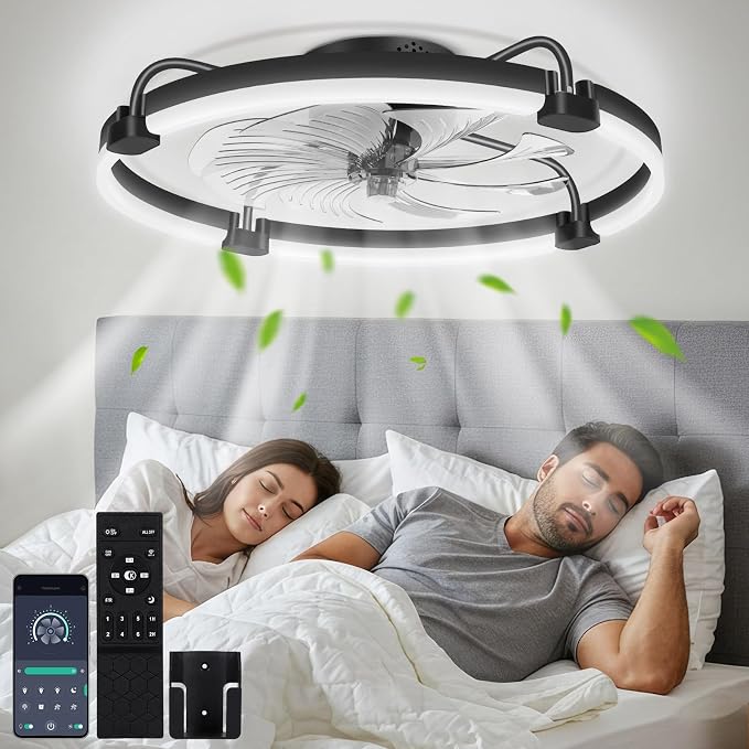 OUTON 24" Ceiling Fan with Light, Remote & App Control, Fandelier Low Profile Flush Mount Ceiling Fan with 3000K-6500K Stepless Dimmable, 6 Speed, Quiet DC Motor, Modern Ceiling Fans for Bedroom Black