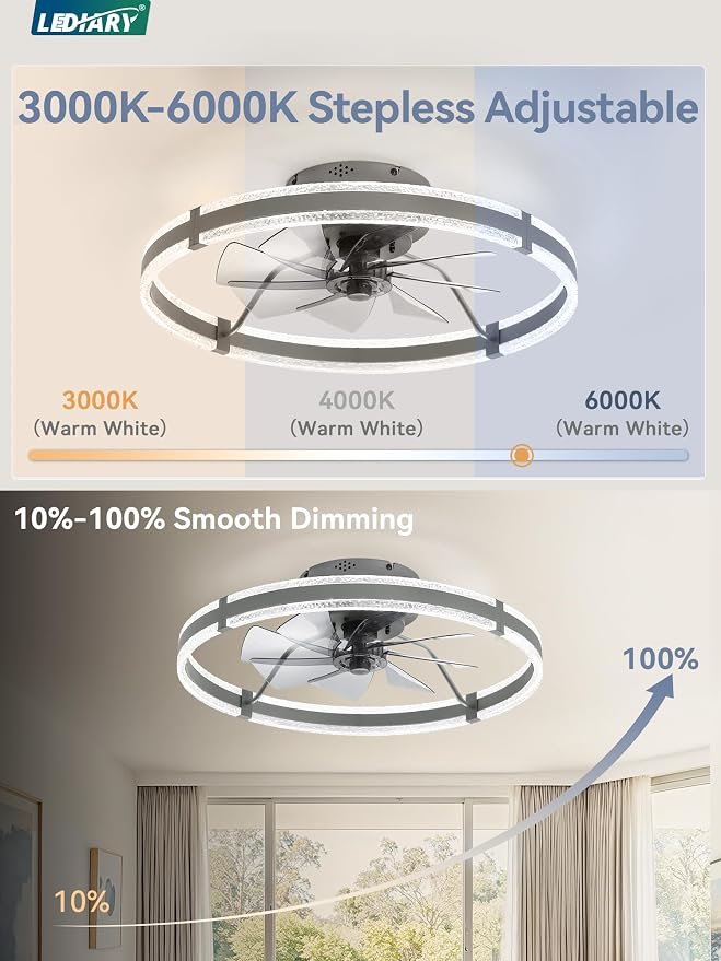 LEDIARY Ceiling Fans with Lights and Remote, 24'' Low Profile Ceiling Fan with Light, 3000-6000K Dimmable Fandelier Ceiling Fans, Modern Flush Mount Fan for Bedroom with 6 Wind Speeds- Sandy Gray