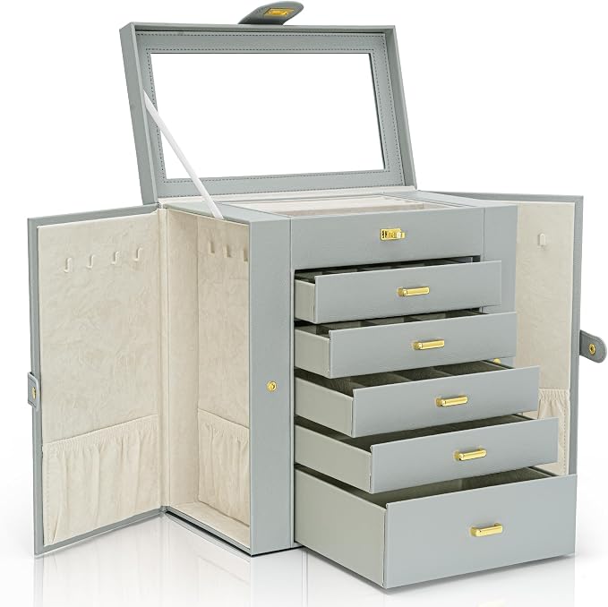 AKOZLIN 6-Tier Jewelry Box Organizer Functional 5 Drawers Leather Jewelry Storage Case for Women Girls Ring Necklace Earring Bracelet Holder Organizer with Mirror Extra Large Grey