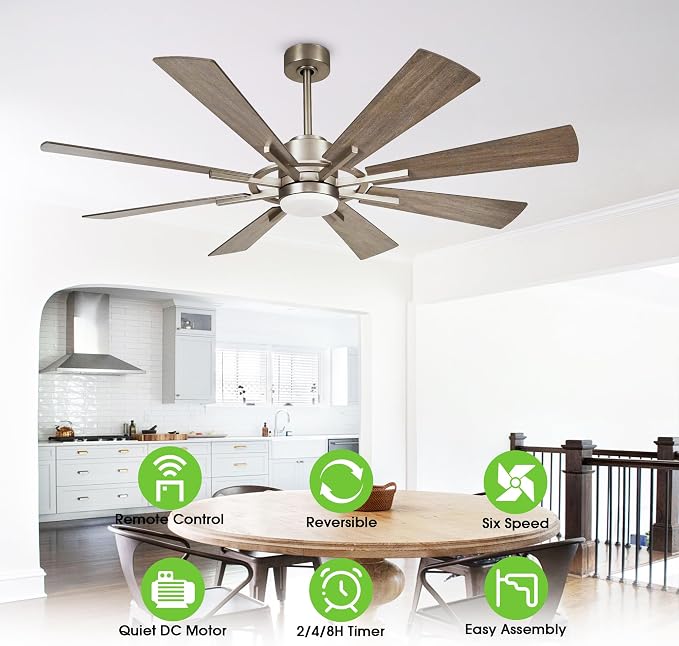 60 inch Large Ceiling Fans with Lights and Remote, Indoor/Outdoor Nickel Ceiling Fan, 8 Blades, Quiet DC Motor, Ceiling Fan 60 inch for Kitchen Living Room Garage, 3 CCT, 6 Speed, Timer