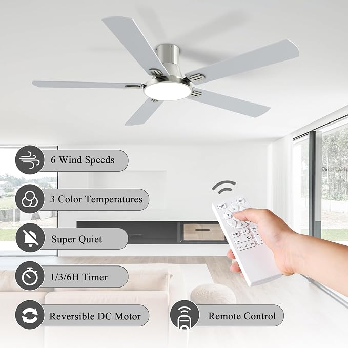 SNJ 60 Inch Brushed Nickel Ceiling Fans with Lights and Remote,Flush Mount Low Profile 5 Blades Ceiling Fan,Dimmable Quiet Reversible DC Motor for,Living Room,Bedroom and Patio
