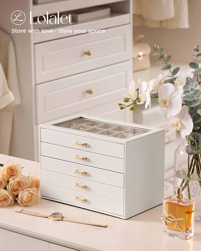 Lolalet Earring Organizer, Jewelry Box with Clear Lid -Beige, 5 Layer | PU Leather, Velvet, Removable Dividers, Dustproof, Easy Clean, For Studs Rings, Gift for Women Girls, Home Aesthetic Decor