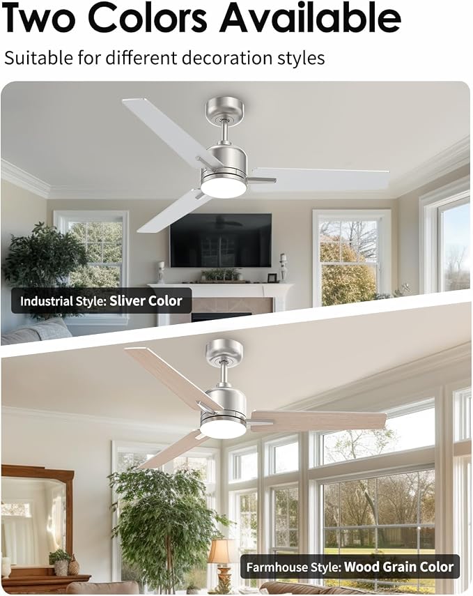 52 inch Ceiling Fans with Lights and Remote, Brushed Nickel Ceiling Fans Dimmable 3 Color Temperature, Timer, 3 Blades, 6 Speed Modern Fan Quiet Reversible DC Motor for Indoor or Covered Outdoor