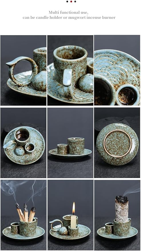 4 in 1 Ceramic Incense Burner Sage Burner with Handle, Sage Holder for Burning Sage, Palo Santo Stick, Joss Sticks and Candle, Ideal for New House, Office, Yoga and Meditation Room